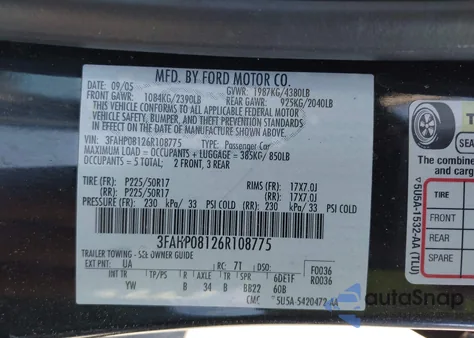 2006 Ford Fusion Sel from USA, damaged, VIN 3FAHP08126R108775